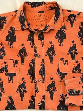 Barn Fly Trading Men's XL Western Cowboy Print Cotton Button Down Shirt Orange